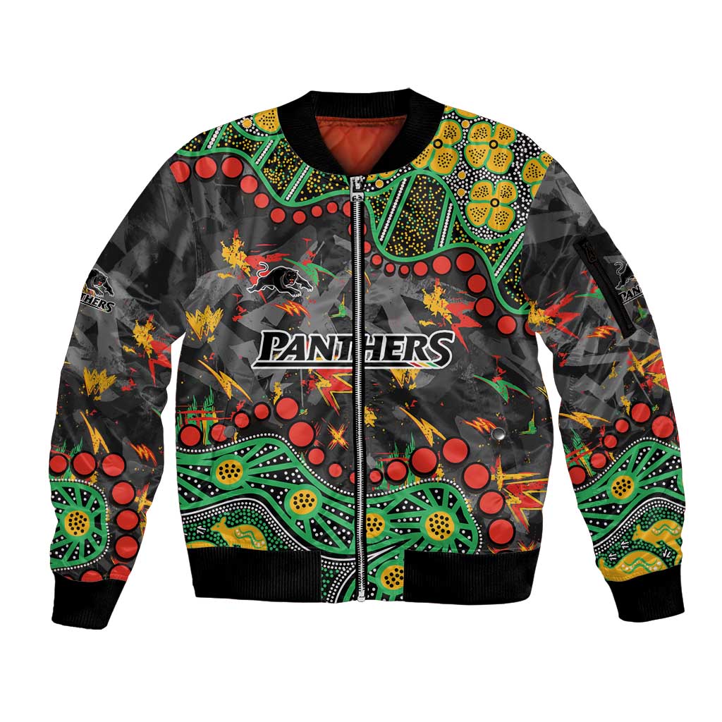 Personalized Penrith Panthers Sleeve Zip Bomber Jacket Aboriginal Pattern with Graffiti Style Design