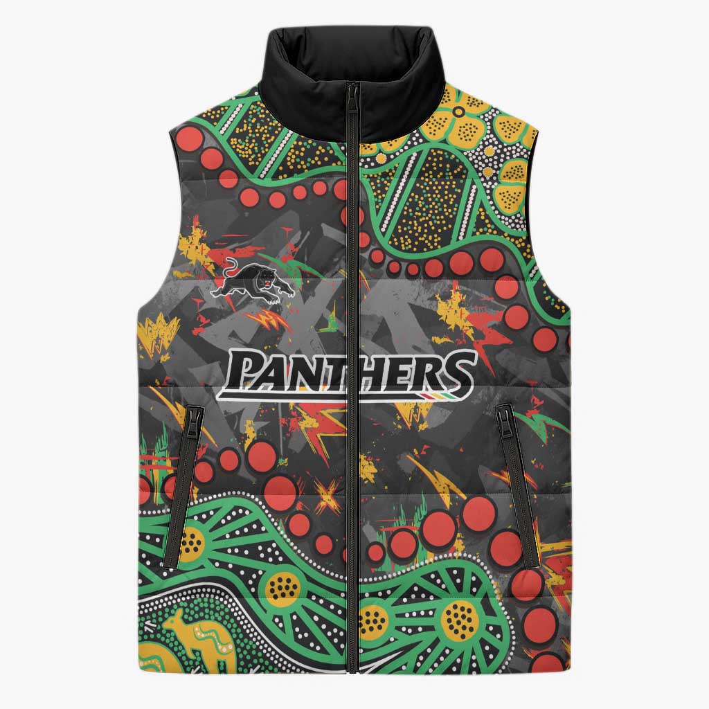 Personalized Penrith Panthers Sleeveless Puffer Jacket Aboriginal Pattern with Graffiti Style Design