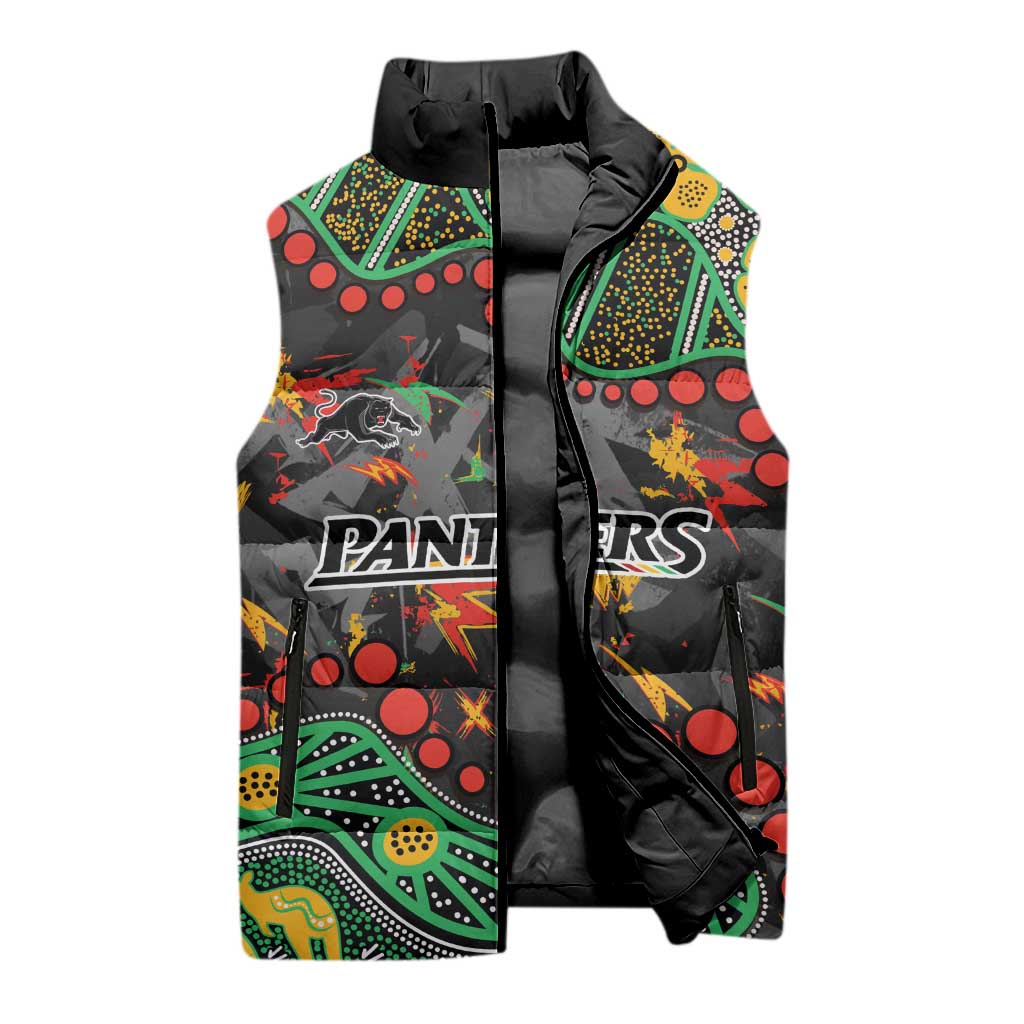 Personalized Penrith Panthers Sleeveless Puffer Jacket Aboriginal Pattern with Graffiti Style Design
