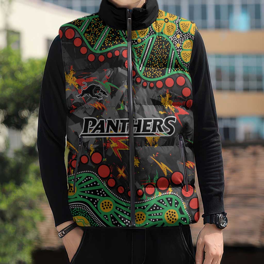Personalized Penrith Panthers Sleeveless Puffer Jacket Aboriginal Pattern with Graffiti Style Design