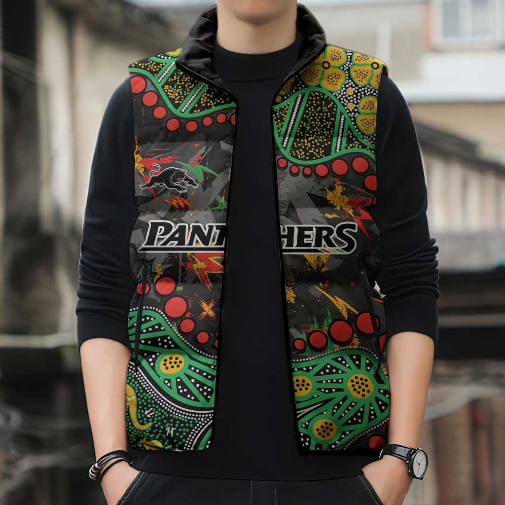 Personalized Penrith Panthers Sleeveless Puffer Jacket Aboriginal Pattern with Graffiti Style Design