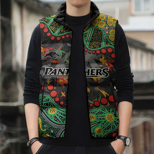 Personalized Penrith Panthers Sleeveless Puffer Jacket Aboriginal Pattern with Graffiti Style Design