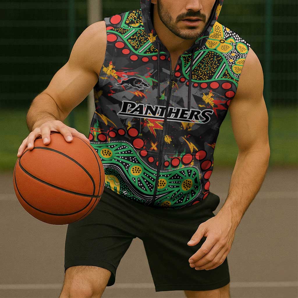 Personalized Penrith Panthers Sleeveless Zip Hoodie Aboriginal Pattern with Graffiti Style Design