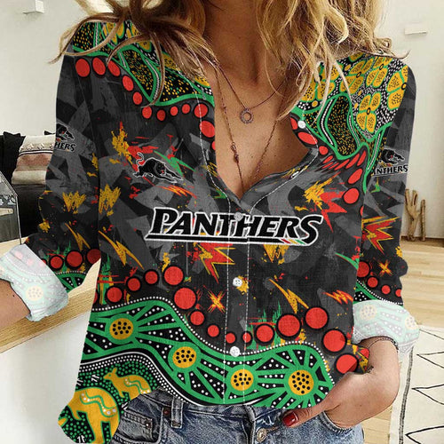 Personalized Penrith Panthers Women Casual Shirt Aboriginal Pattern with Graffiti Style Design