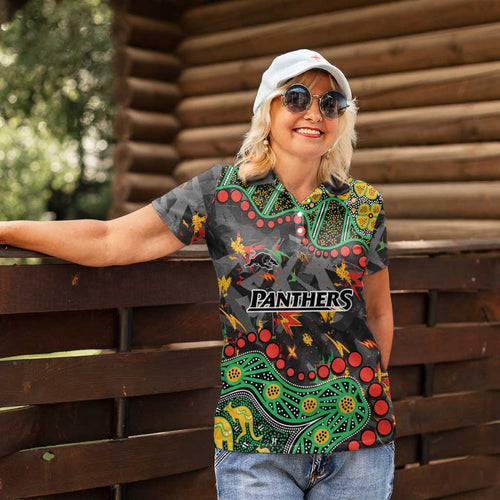 Personalized Penrith Panthers Women Polo Shirt Aboriginal Pattern with Graffiti Style Design