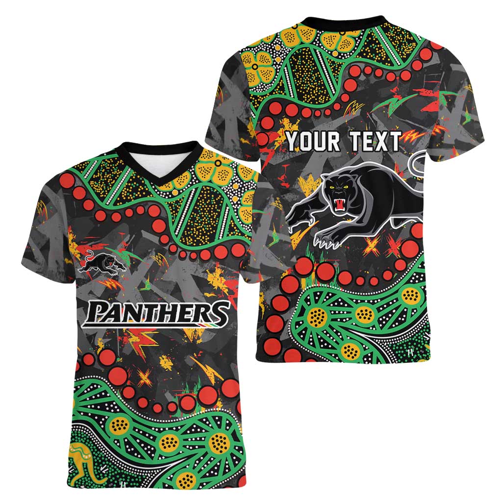 Personalized Penrith Panthers Women V-Neck T-Shirt Aboriginal Pattern with Graffiti Style Design