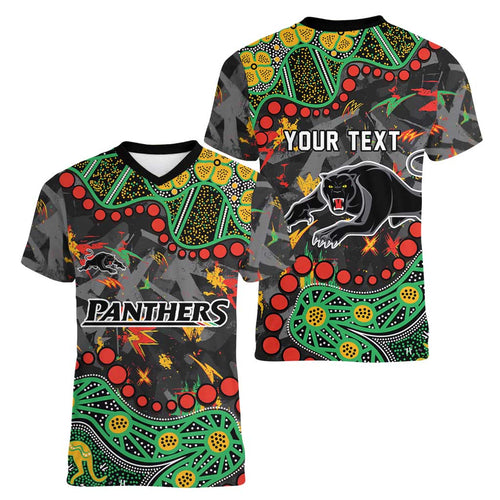 Personalized Penrith Panthers Women V-Neck T-Shirt Aboriginal Pattern with Graffiti Style Design
