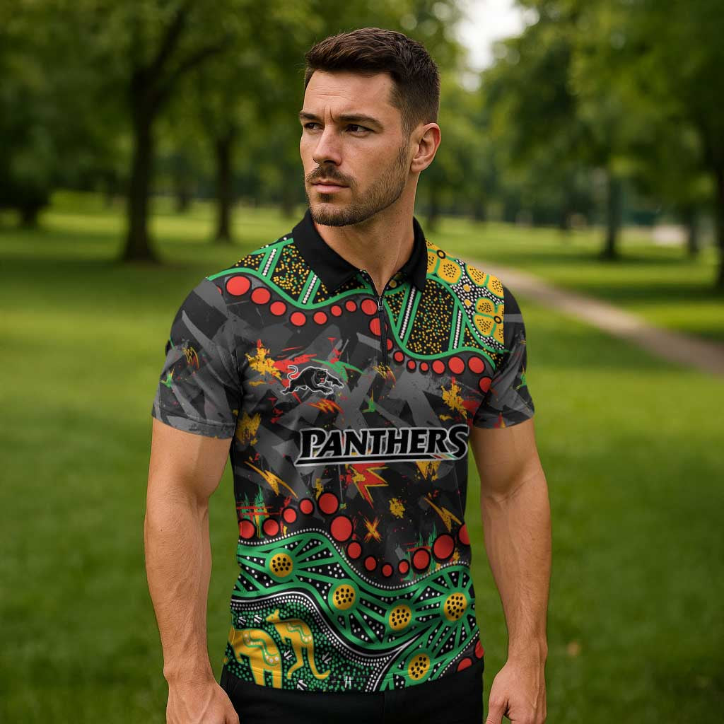 Personalized Penrith Panthers Zipper Polo Shirt Aboriginal Pattern with Graffiti Style Design
