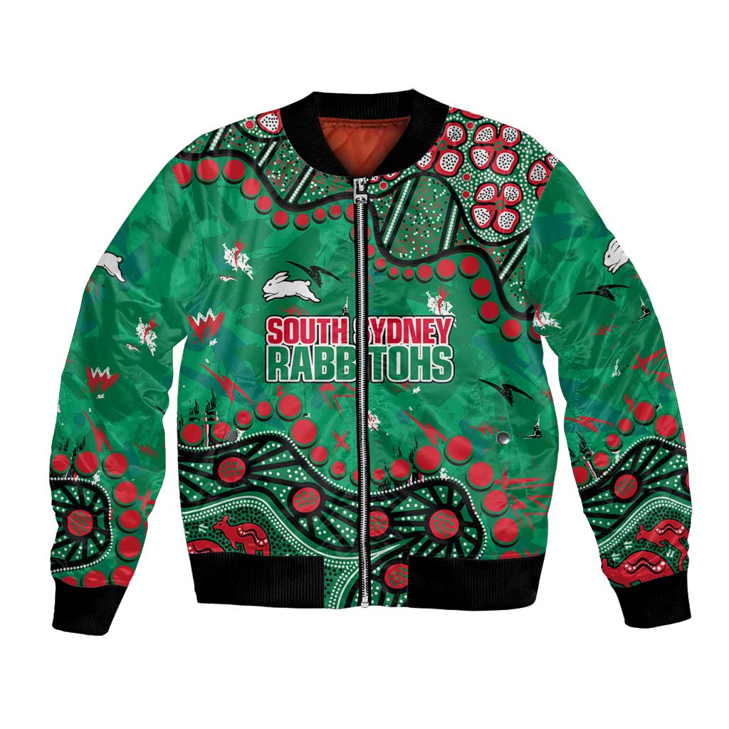 Personalized South Sydney Rabbitohs Bomber Jacket Aboriginal Pattern with Graffiti Style Design
