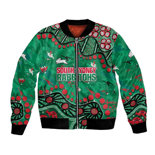 Personalized South Sydney Rabbitohs Bomber Jacket Aboriginal Pattern with Graffiti Style Design