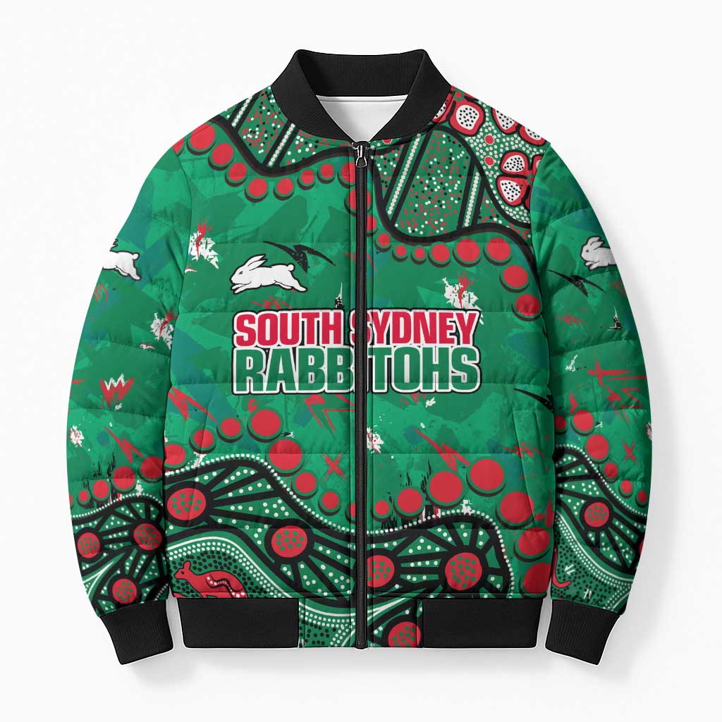 Personalized South Sydney Rabbitohs Bomber Puffer Jacket Aboriginal Pattern with Graffiti Style Design