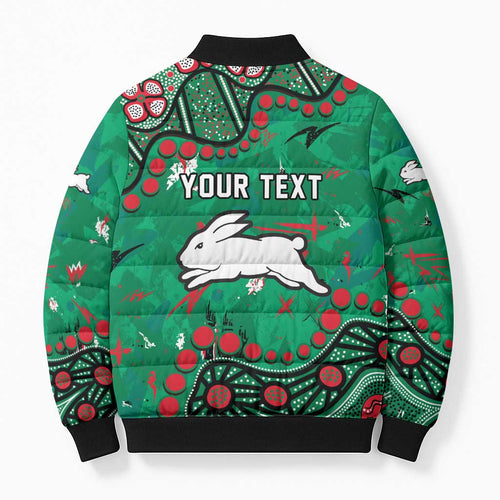 Personalized South Sydney Rabbitohs Bomber Puffer Jacket Aboriginal Pattern with Graffiti Style Design