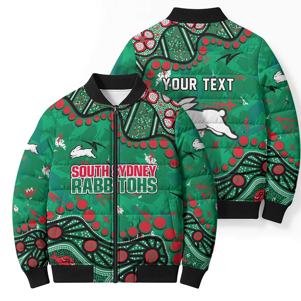 Personalized South Sydney Rabbitohs Bomber Puffer Jacket Aboriginal Pattern with Graffiti Style Design
