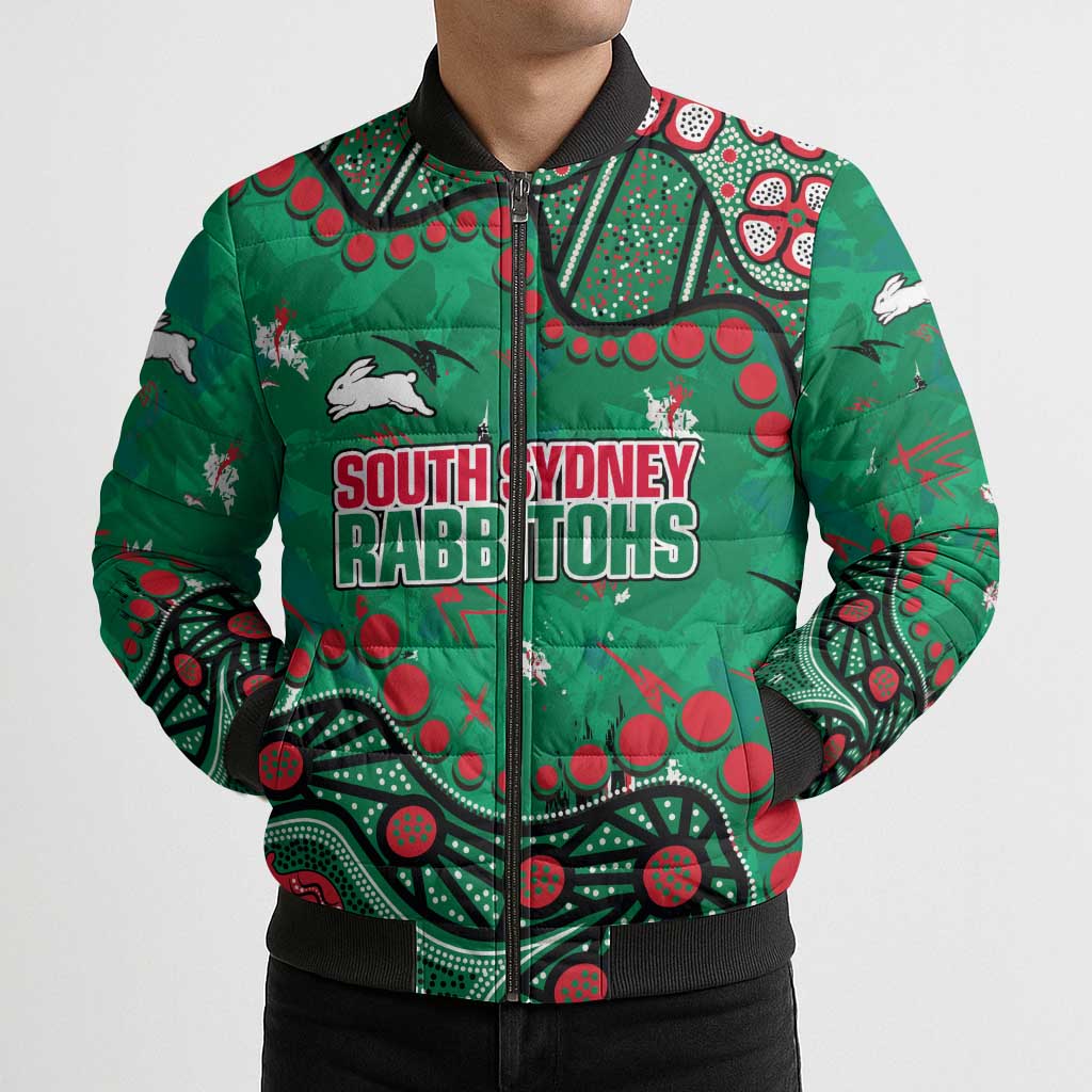 Personalized South Sydney Rabbitohs Bomber Puffer Jacket Aboriginal Pattern with Graffiti Style Design