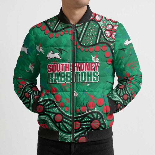 Personalized South Sydney Rabbitohs Bomber Puffer Jacket Aboriginal Pattern with Graffiti Style Design