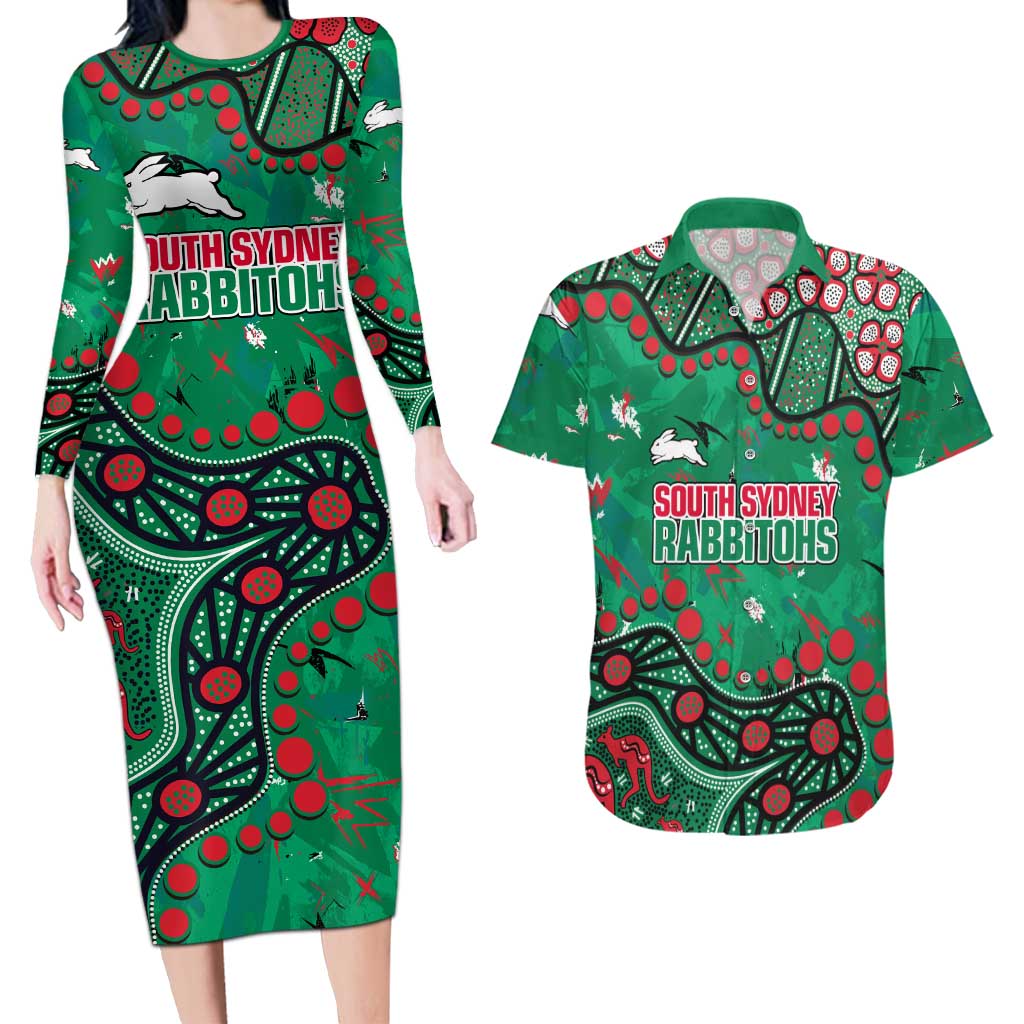 Personalized South Sydney Rabbitohs Couples Matching Long Sleeve Bodycon Dress and Hawaiian Shirt Aboriginal Pattern with Graffiti Style Design