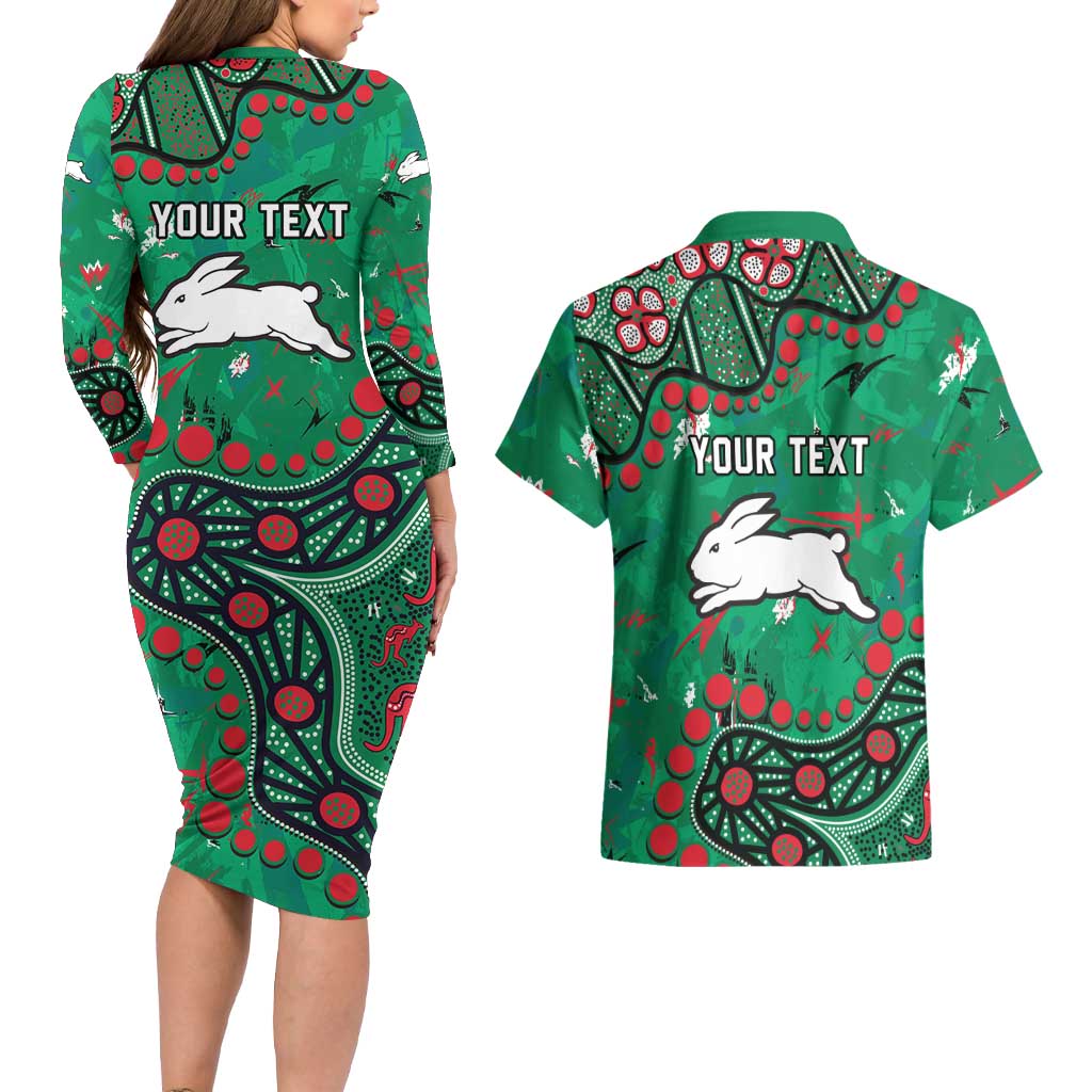 Personalized South Sydney Rabbitohs Couples Matching Long Sleeve Bodycon Dress and Hawaiian Shirt Aboriginal Pattern with Graffiti Style Design