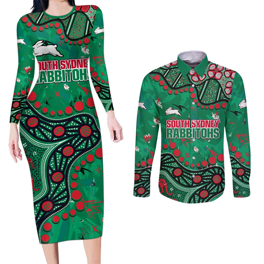 Personalized South Sydney Rabbitohs Couples Matching Long Sleeve Bodycon Dress and Long Sleeve Button Shirt Aboriginal Pattern with Graffiti Style Design