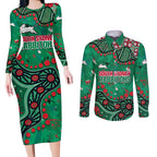Personalized South Sydney Rabbitohs Couples Matching Long Sleeve Bodycon Dress and Long Sleeve Button Shirt Aboriginal Pattern with Graffiti Style Design