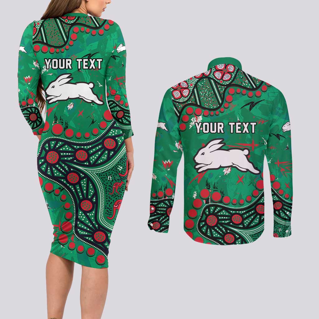 Personalized South Sydney Rabbitohs Couples Matching Long Sleeve Bodycon Dress and Long Sleeve Button Shirt Aboriginal Pattern with Graffiti Style Design