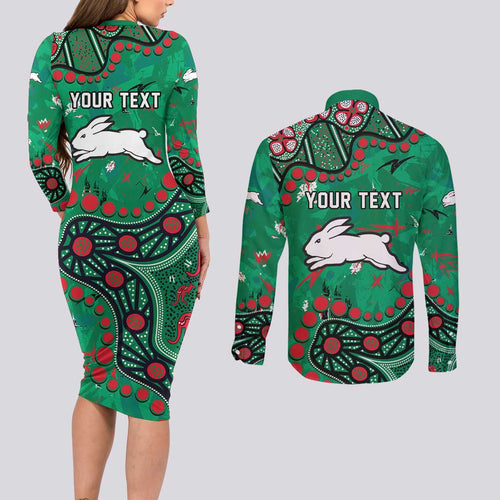Personalized South Sydney Rabbitohs Couples Matching Long Sleeve Bodycon Dress and Long Sleeve Button Shirt Aboriginal Pattern with Graffiti Style Design