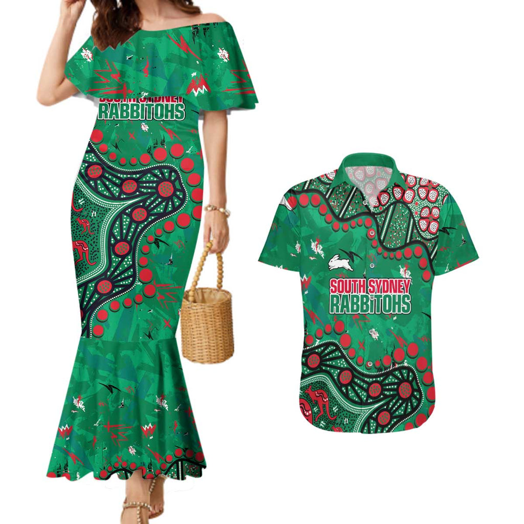 Personalized South Sydney Rabbitohs Couples Matching Mermaid Dress and Hawaiian Shirt Aboriginal Pattern with Graffiti Style Design