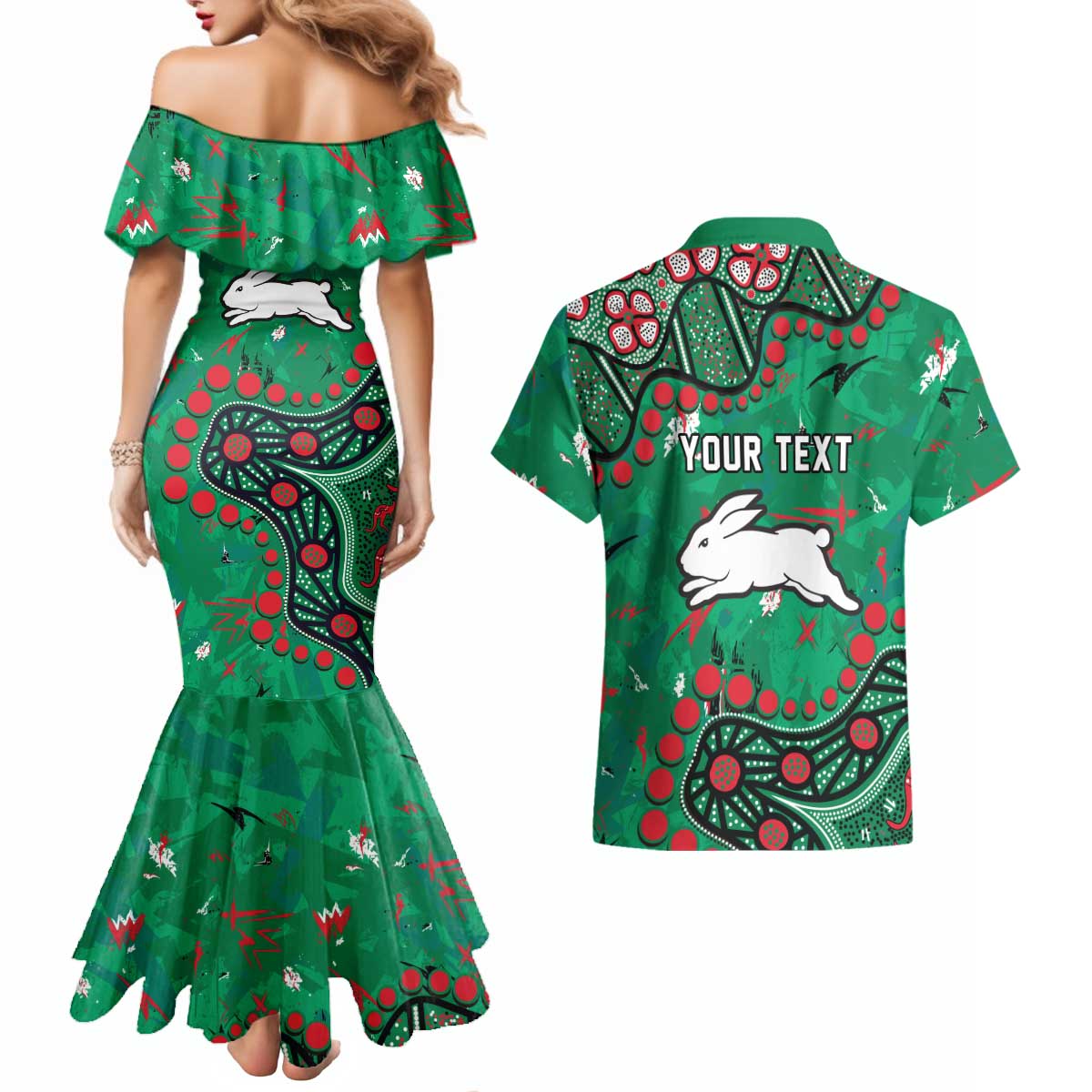 Personalized South Sydney Rabbitohs Couples Matching Mermaid Dress and Hawaiian Shirt Aboriginal Pattern with Graffiti Style Design