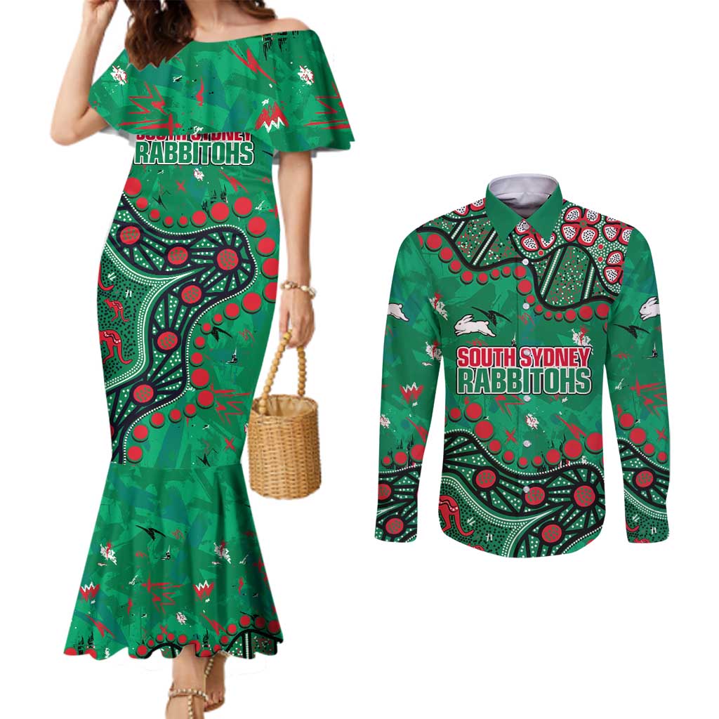 Personalized South Sydney Rabbitohs Couples Matching Mermaid Dress and Long Sleeve Button Shirt Aboriginal Pattern with Graffiti Style Design