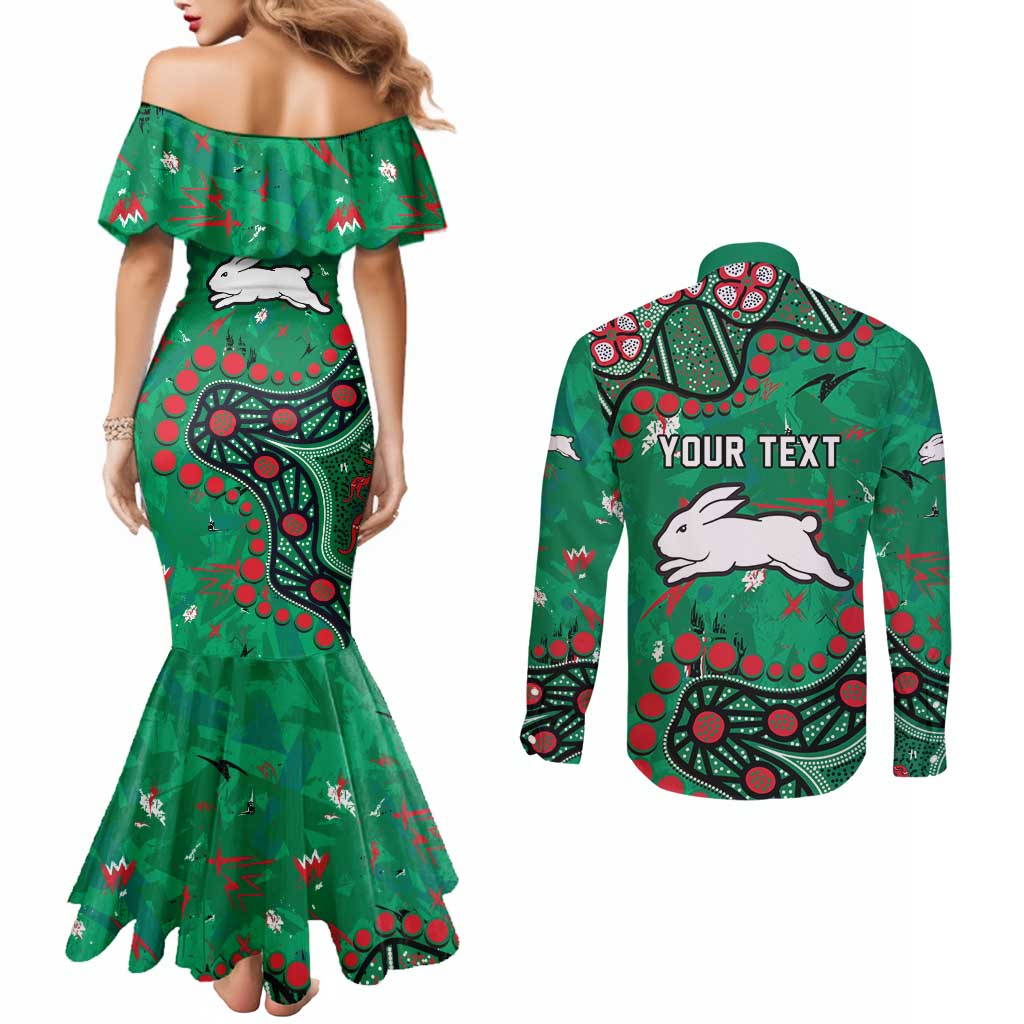 Personalized South Sydney Rabbitohs Couples Matching Mermaid Dress and Long Sleeve Button Shirt Aboriginal Pattern with Graffiti Style Design