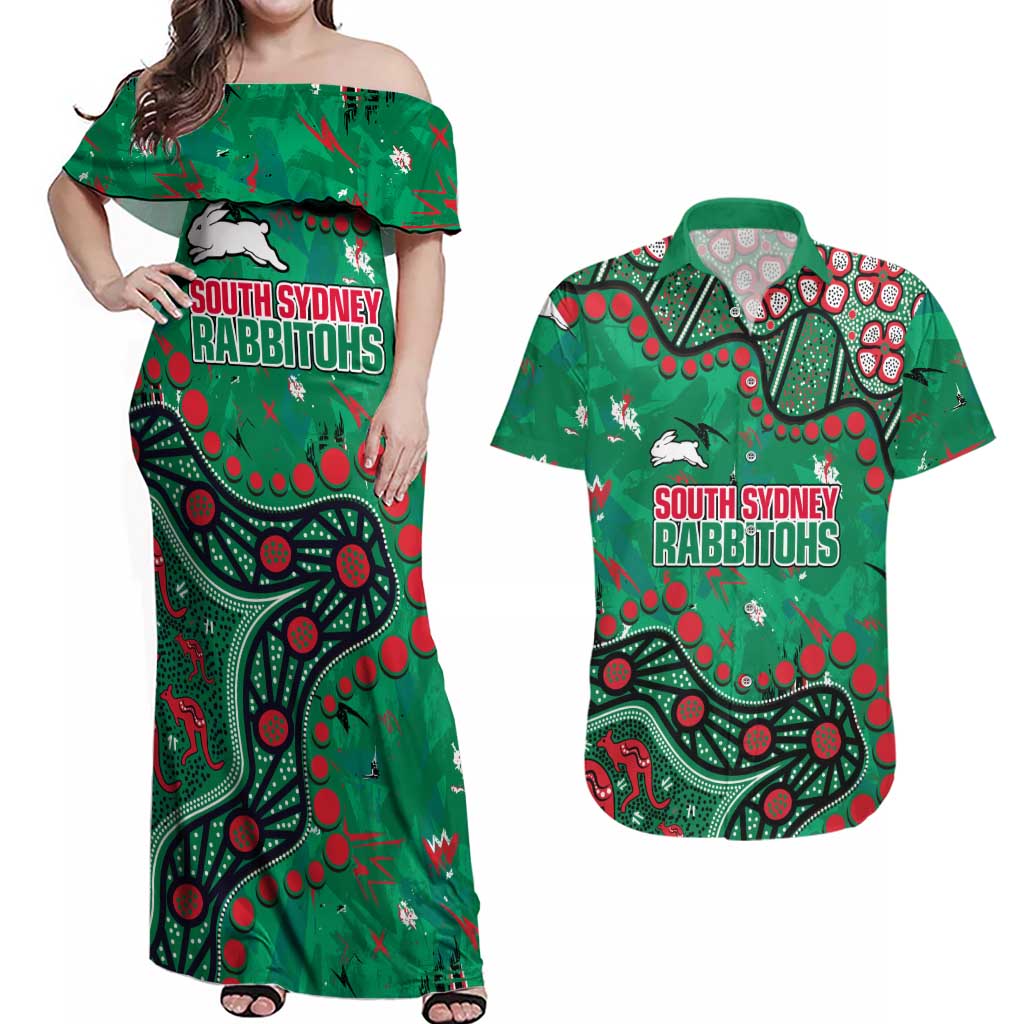 Personalized South Sydney Rabbitohs Couples Matching Off Shoulder Maxi Dress and Hawaiian Shirt Aboriginal Pattern with Graffiti Style Design