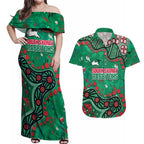Personalized South Sydney Rabbitohs Couples Matching Off Shoulder Maxi Dress and Hawaiian Shirt Aboriginal Pattern with Graffiti Style Design