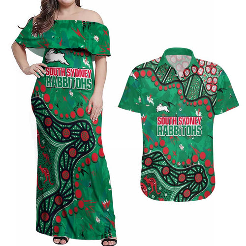 Personalized South Sydney Rabbitohs Couples Matching Off Shoulder Maxi Dress and Hawaiian Shirt Aboriginal Pattern with Graffiti Style Design