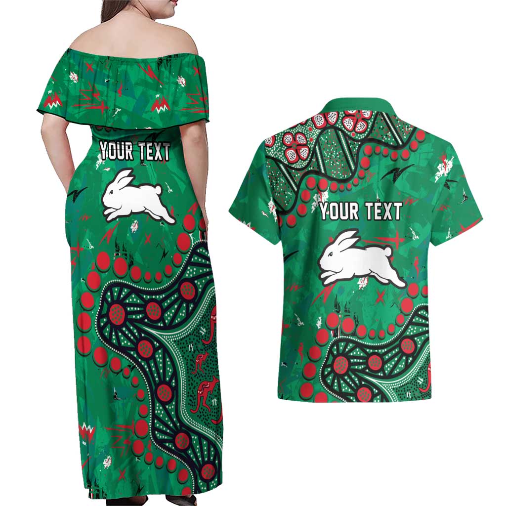 Personalized South Sydney Rabbitohs Couples Matching Off Shoulder Maxi Dress and Hawaiian Shirt Aboriginal Pattern with Graffiti Style Design