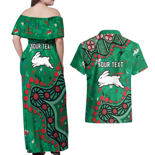 Personalized South Sydney Rabbitohs Couples Matching Off Shoulder Maxi Dress and Hawaiian Shirt Aboriginal Pattern with Graffiti Style Design