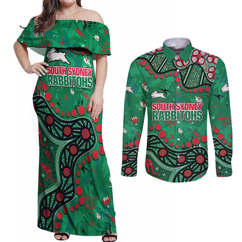 Personalized South Sydney Rabbitohs Couples Matching Off Shoulder Maxi Dress and Long Sleeve Button Shirt Aboriginal Pattern with Graffiti Style Design