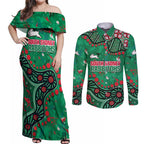 Personalized South Sydney Rabbitohs Couples Matching Off Shoulder Maxi Dress and Long Sleeve Button Shirt Aboriginal Pattern with Graffiti Style Design