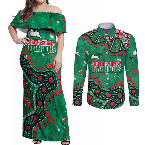 Personalized South Sydney Rabbitohs Couples Matching Off Shoulder Maxi Dress and Long Sleeve Button Shirt Aboriginal Pattern with Graffiti Style Design