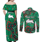 Personalized South Sydney Rabbitohs Couples Matching Off Shoulder Maxi Dress and Long Sleeve Button Shirt Aboriginal Pattern with Graffiti Style Design