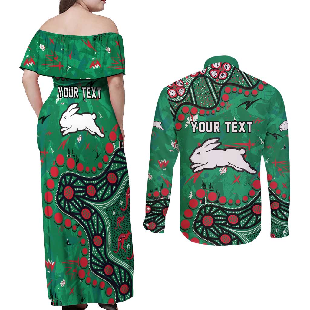 Personalized South Sydney Rabbitohs Couples Matching Off Shoulder Maxi Dress and Long Sleeve Button Shirt Aboriginal Pattern with Graffiti Style Design
