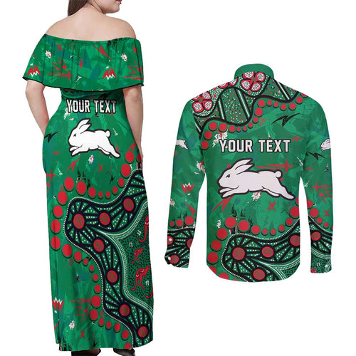 Personalized South Sydney Rabbitohs Couples Matching Off Shoulder Maxi Dress and Long Sleeve Button Shirt Aboriginal Pattern with Graffiti Style Design