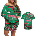 Personalized South Sydney Rabbitohs Couples Matching Off Shoulder Short Dress and Hawaiian Shirt Aboriginal Pattern with Graffiti Style Design