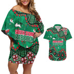 Personalized South Sydney Rabbitohs Couples Matching Off Shoulder Short Dress and Hawaiian Shirt Aboriginal Pattern with Graffiti Style Design