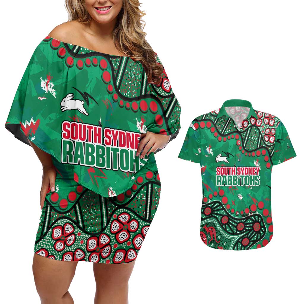 Personalized South Sydney Rabbitohs Couples Matching Off Shoulder Short Dress and Hawaiian Shirt Aboriginal Pattern with Graffiti Style Design