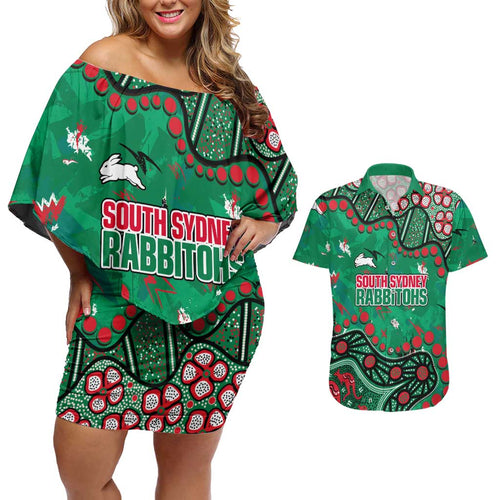 Personalized South Sydney Rabbitohs Couples Matching Off Shoulder Short Dress and Hawaiian Shirt Aboriginal Pattern with Graffiti Style Design