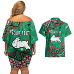 Personalized South Sydney Rabbitohs Couples Matching Off Shoulder Short Dress and Hawaiian Shirt Aboriginal Pattern with Graffiti Style Design