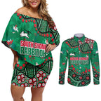 Personalized South Sydney Rabbitohs Couples Matching Off Shoulder Short Dress and Long Sleeve Button Shirt Aboriginal Pattern with Graffiti Style Design