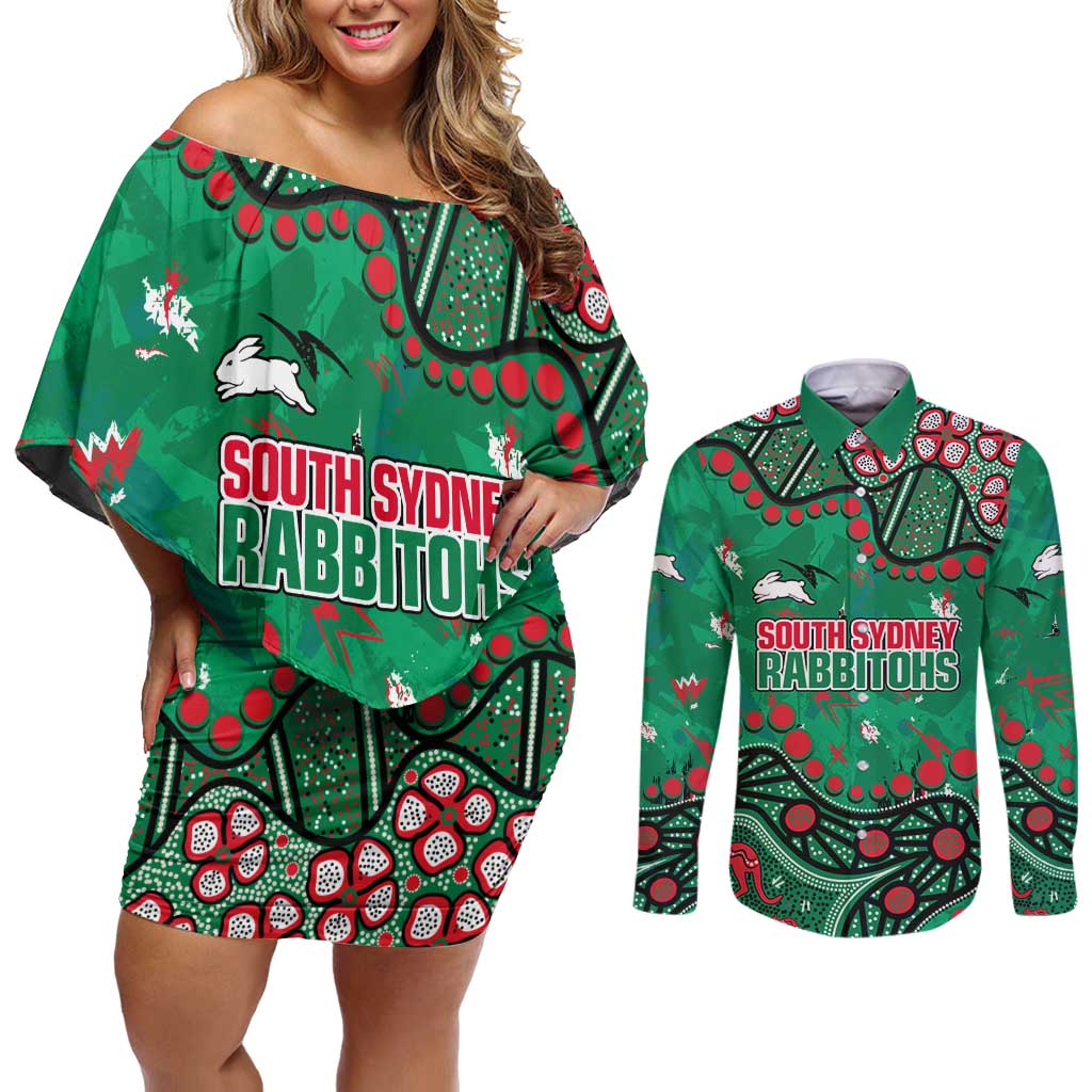 Personalized South Sydney Rabbitohs Couples Matching Off Shoulder Short Dress and Long Sleeve Button Shirt Aboriginal Pattern with Graffiti Style Design