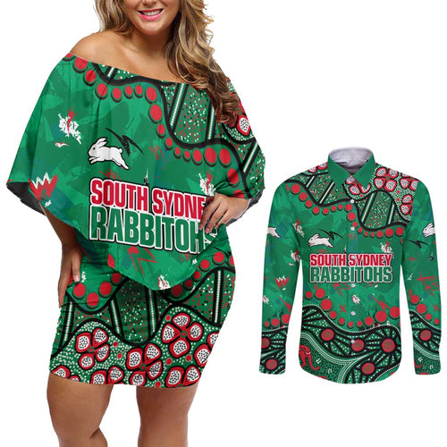 Personalized South Sydney Rabbitohs Couples Matching Off Shoulder Short Dress and Long Sleeve Button Shirt Aboriginal Pattern with Graffiti Style Design