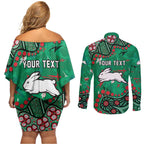 Personalized South Sydney Rabbitohs Couples Matching Off Shoulder Short Dress and Long Sleeve Button Shirt Aboriginal Pattern with Graffiti Style Design