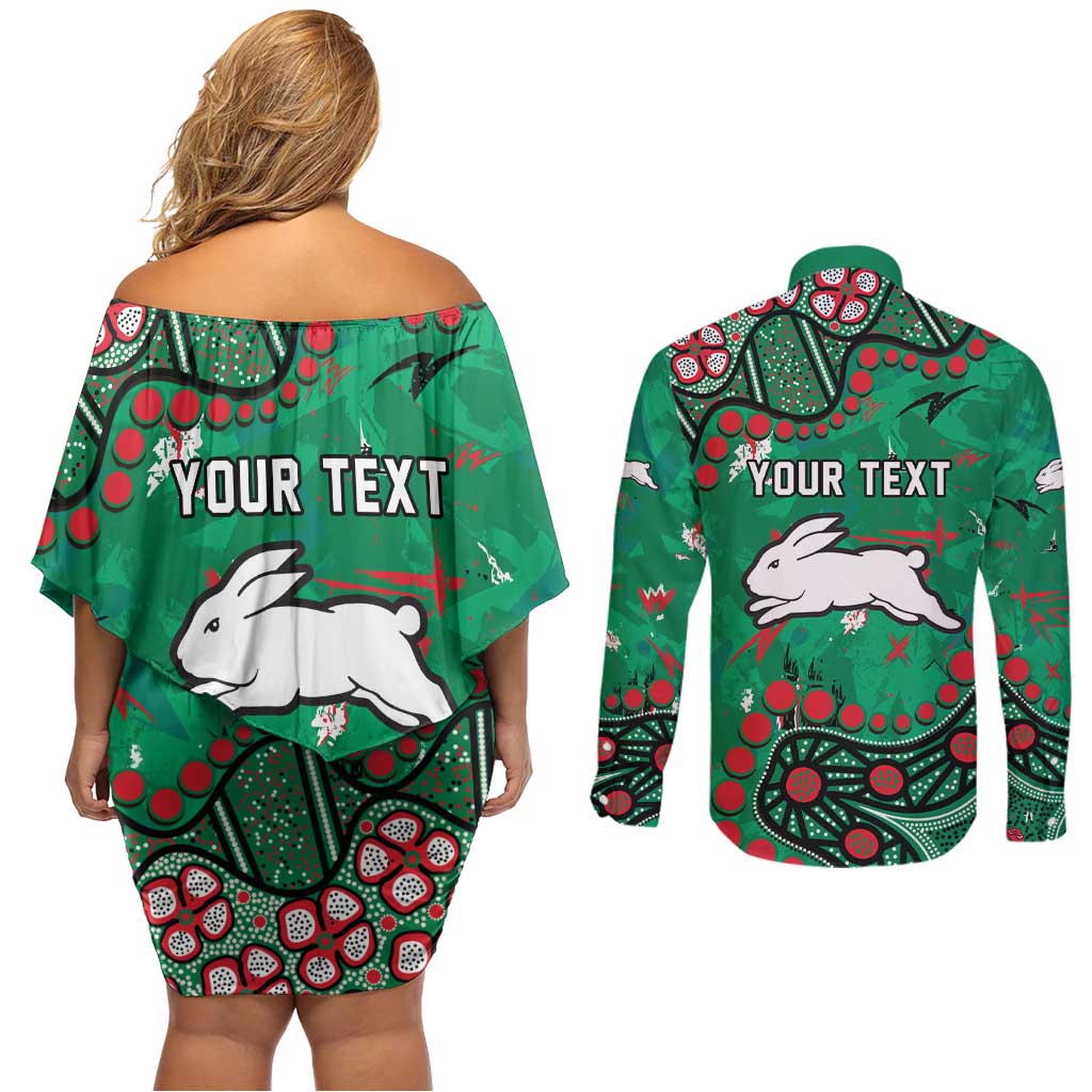 Personalized South Sydney Rabbitohs Couples Matching Off Shoulder Short Dress and Long Sleeve Button Shirt Aboriginal Pattern with Graffiti Style Design